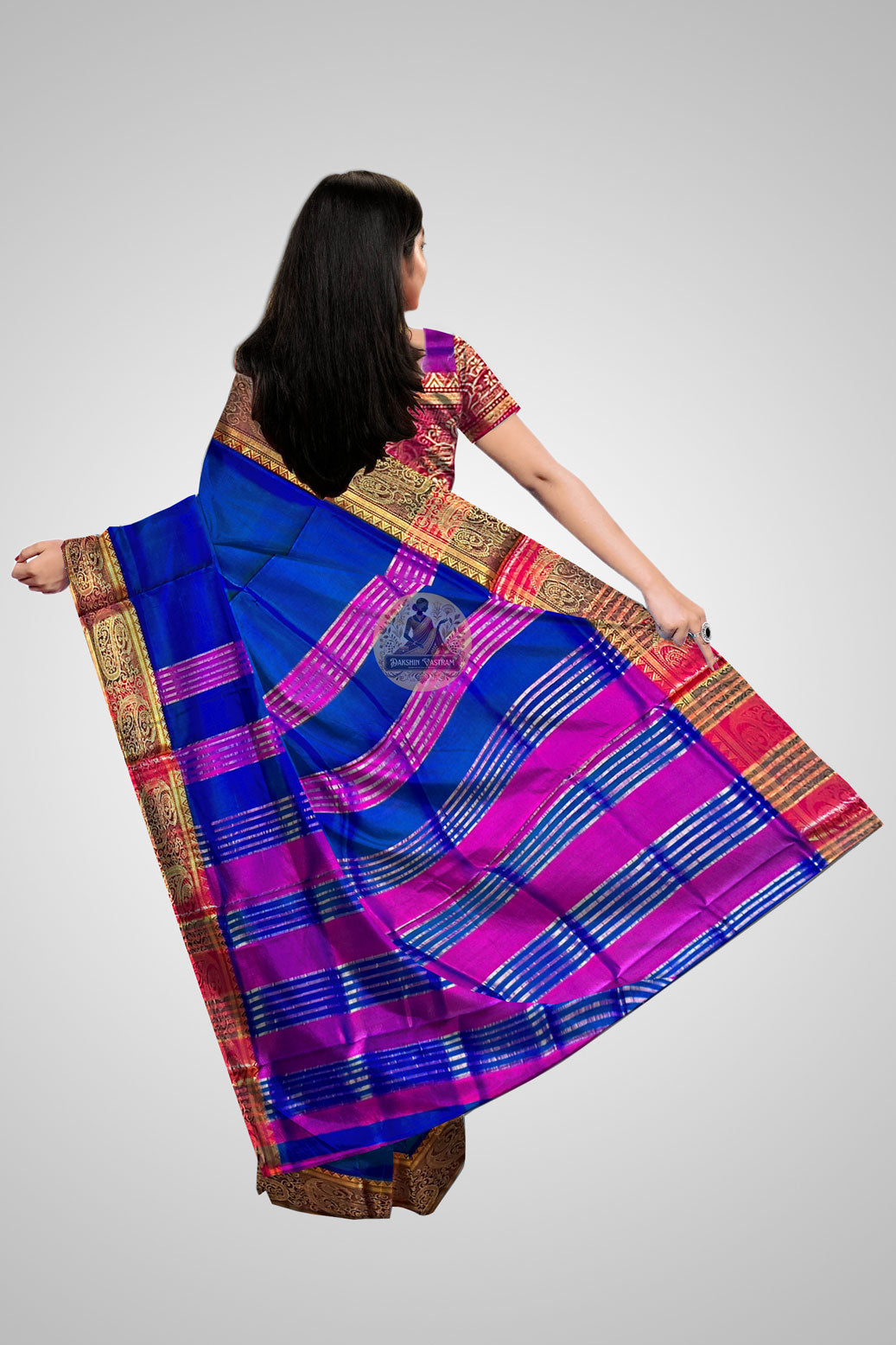 Buy Handloom Katan Sarees – Rear view showing traditional pallu