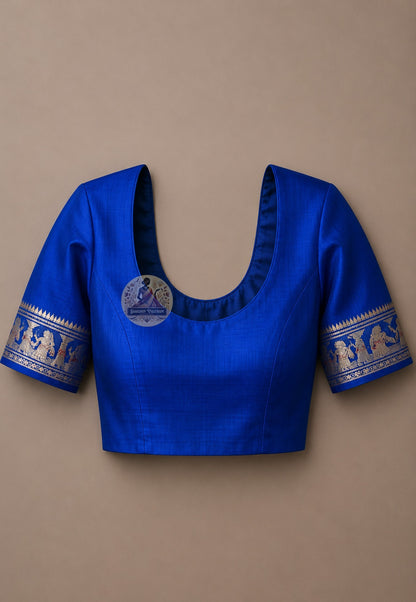 Matching blouse piece included with Swarnachari Silk Saree golden zari Mahishasura Mardini Mahalaya Durga Puja 2026 Bishnupur