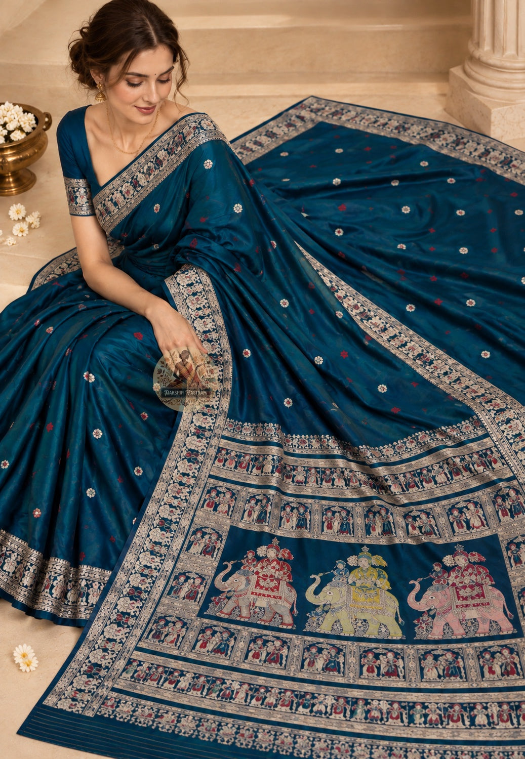 Side view of Baluchari pure silk saree displaying natural fluid drape and coloured silk narrative motifs for Durga Puja Ashtami Indian weddings classical performances and cultural galas