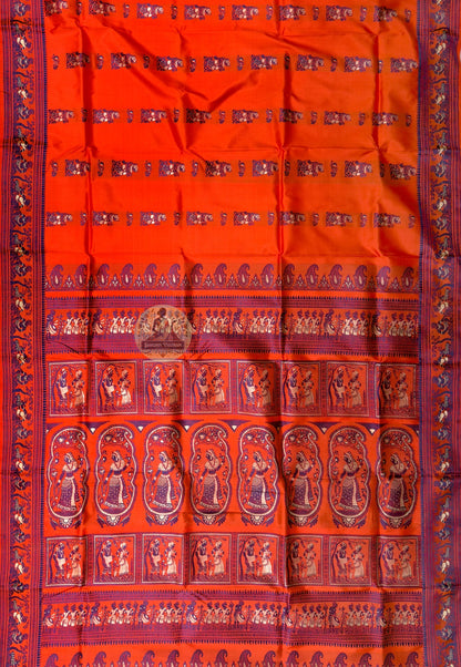 Close up of small woven motifs arranged in bands across the orange Baluchari silk saree body