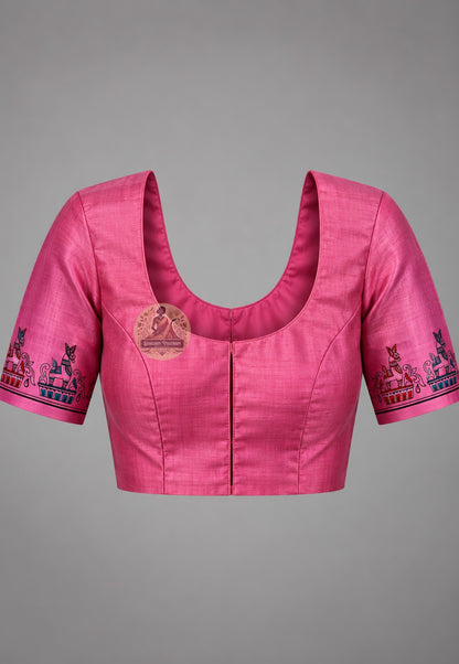 Matching blouse piece included with Bishnupur royal blue Swarnachari handloom silk saree, pre-matched and handwoven in West Bengal