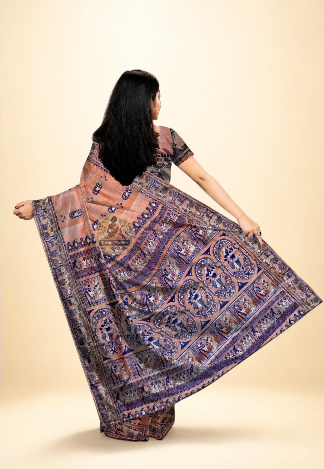 Rear view of Copper Peach Baluchari Silk Saree showing intricate hand-woven pallu with Mahabharata and Ramayana motifs in pure Bengal silk