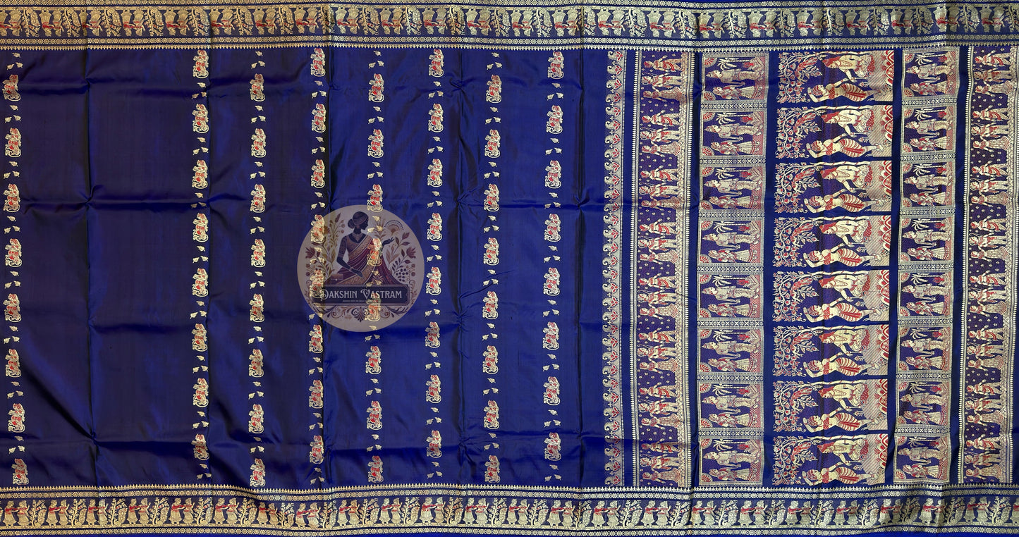 Close-up of the handwoven narrative pallu of Baluchari Pure Silk Saree, showcasing intricate mythology scenes from the Mahabharata and Ramayana woven directly into pure silk by weavers who kept Bengal's Baluchari tradition alive