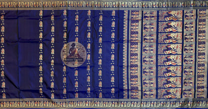 Close-up of the handwoven narrative pallu of Baluchari Pure Silk Saree, showcasing intricate mythology scenes from the Mahabharata and Ramayana woven directly into pure silk by weavers who kept Bengal's Baluchari tradition alive