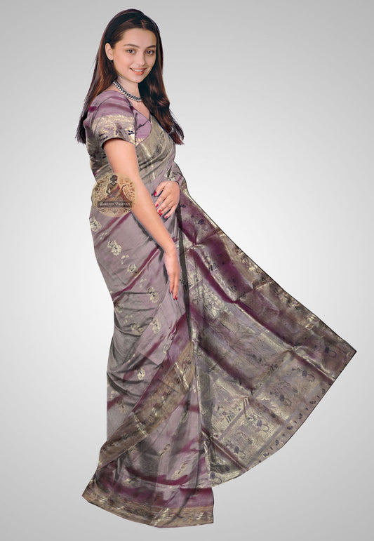 Saree side view: Side profile of Handloom Swarnachari Silk Saree highlighting elegant draping and rich texture.