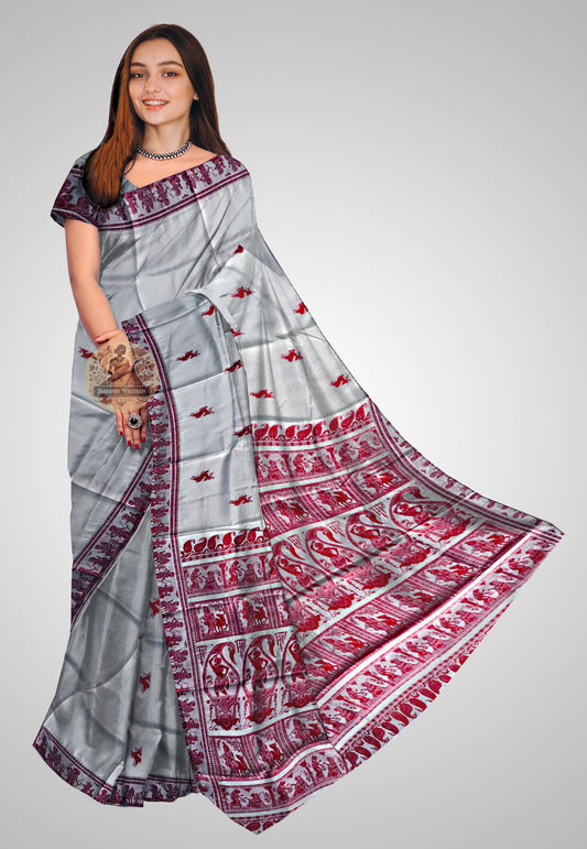 Front side view of Handloom Baluchari Saree with intricate designs and luxurious silk fabric