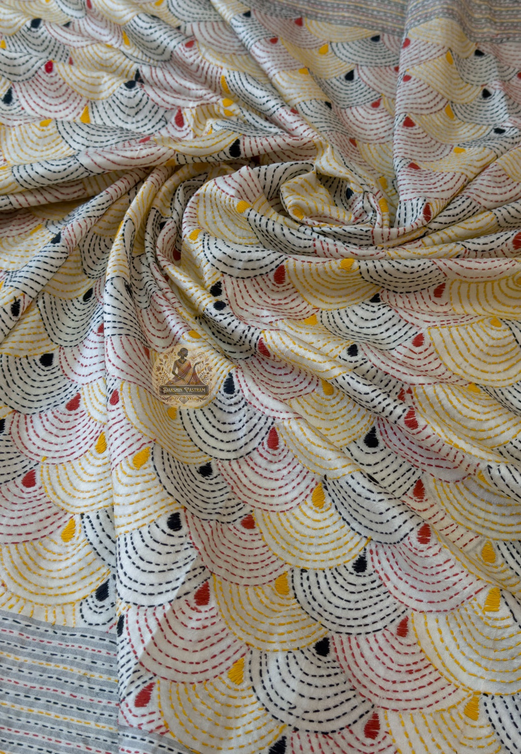 Close-up of traditional Bengali Kantha running stitch embroidery handworked on Bishnupur silk saree