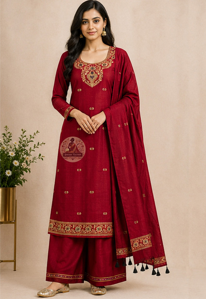 Handwoven rich red Baluchari silk kurti piece with Resham neckline detailing and traditional woven border motifs — Dakshin Vastram