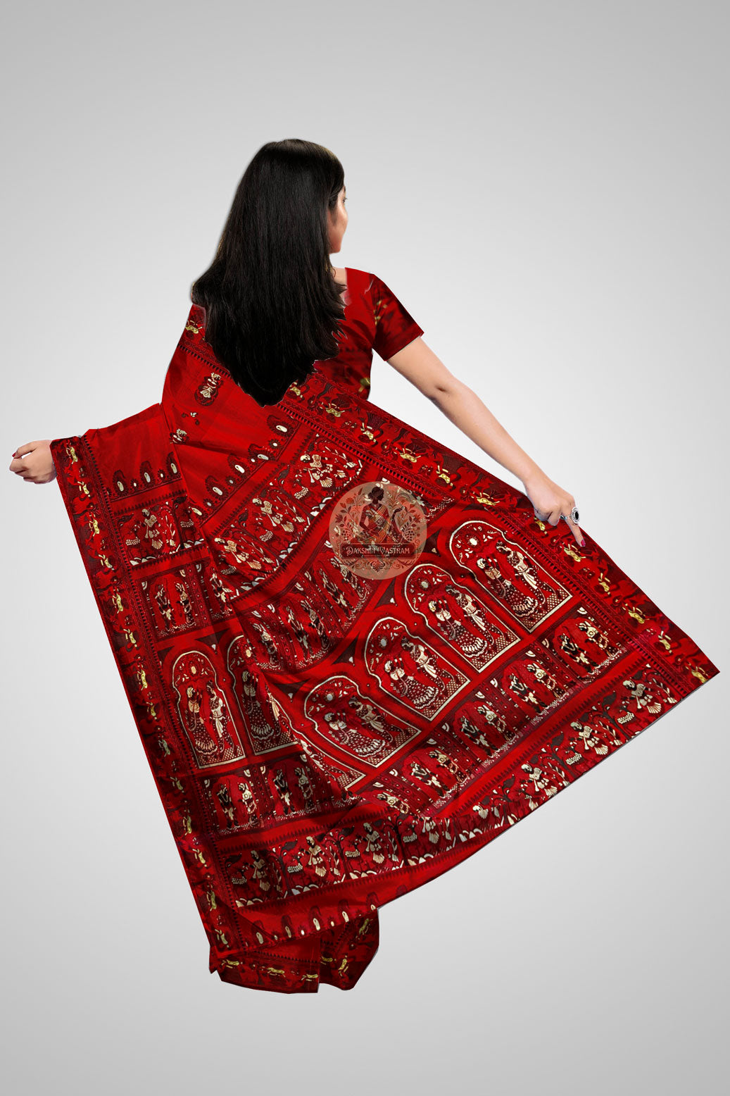 Buy Baluchari Sarees – Rear view showcasing elaborate mythological artwork