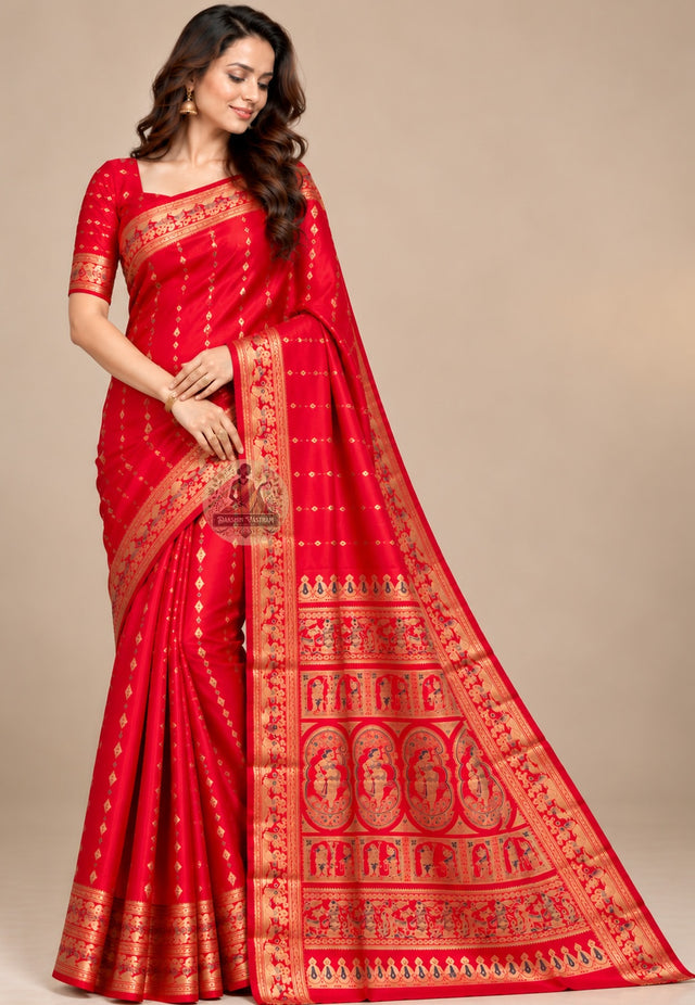Front view of Swarnachari pure silk saree with golden zari mythology and Bishnupur temple art motifs handloom woven in West Bengal revealing differently in every light condition