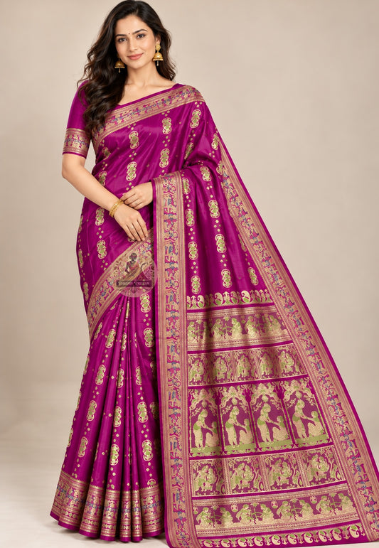 Front view of plum magenta Swarnachari silk saree with gold-toned motifs and patterned borders