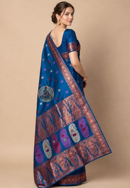 Front view of premium Swarnachari handloom silk saree with patiently woven golden zari border and clearly resolved Bengal mythological compositions, West Bengal pit-loom craft