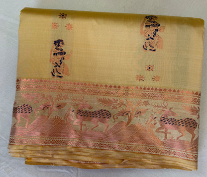 Rear view of Bishnupur Swarnachari saree showcasing richly woven zari pallu with devotional and mythological narrative motifs