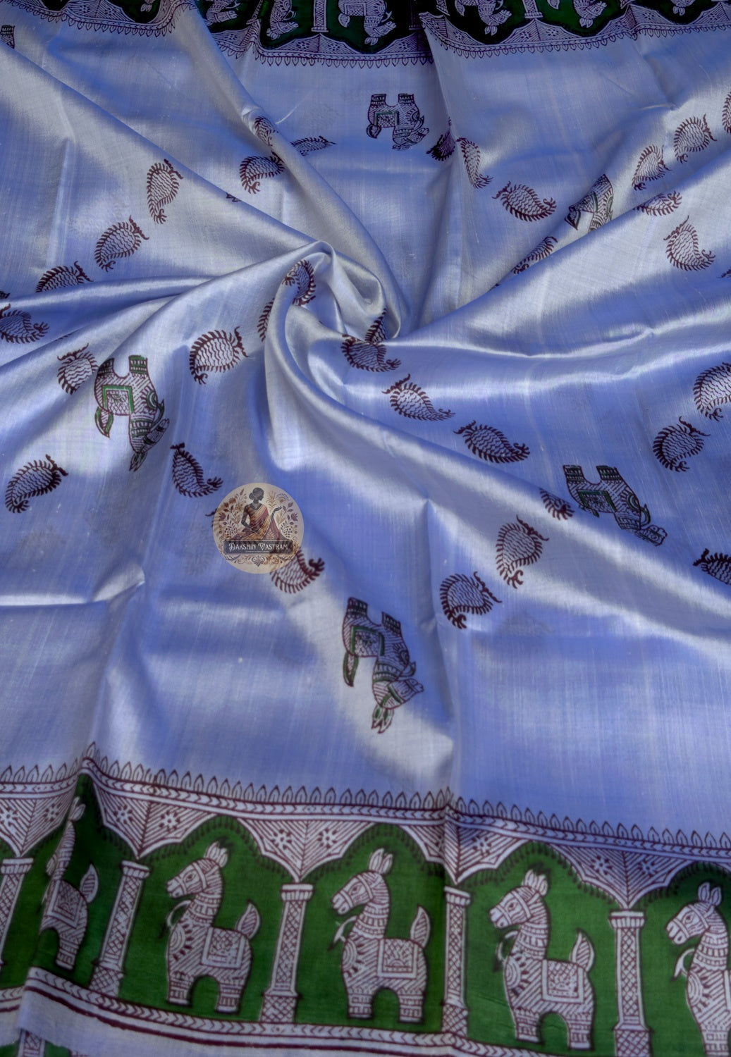 Rear view of Bishnupur Katan Silk Saree displaying pallu with stylised floral and conch shell Bengal motifs