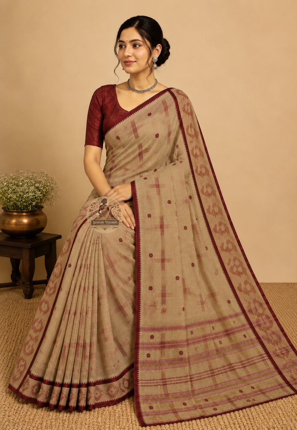 Border detail of slow fashion pure cotton saree sold without blouse piece, ideal for pairing with a thoughtfully chosen natural fabric blouse