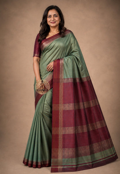 Front view of Bishnupur Katan Silk Saree in handloom weave, Bishnupur West Bengal