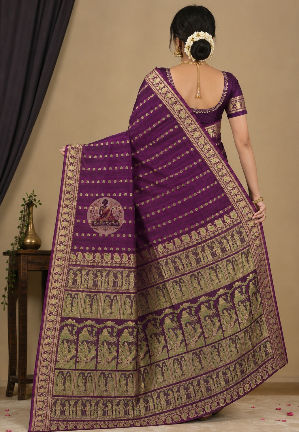 Front view of model wearing Swarnachari silk saree in traditional Bengali drape, golden zari pallu over left shoulder