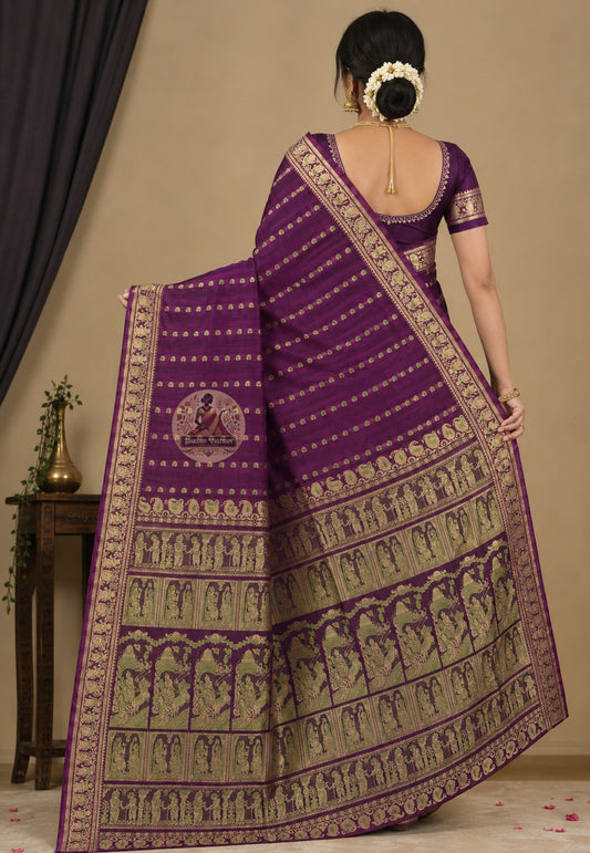 Front view of model wearing Swarnachari silk saree in traditional Bengali drape, golden zari pallu over left shoulder