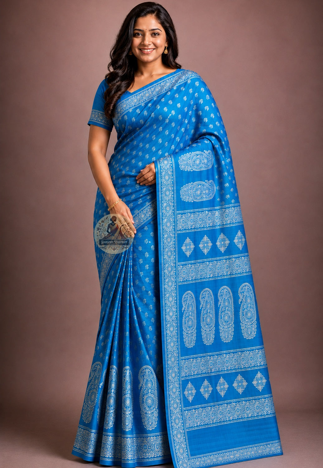 Front view of woman wearing Bishnupur Katan Silk Saree with silk blouse Diwali gifting milestone occasion India