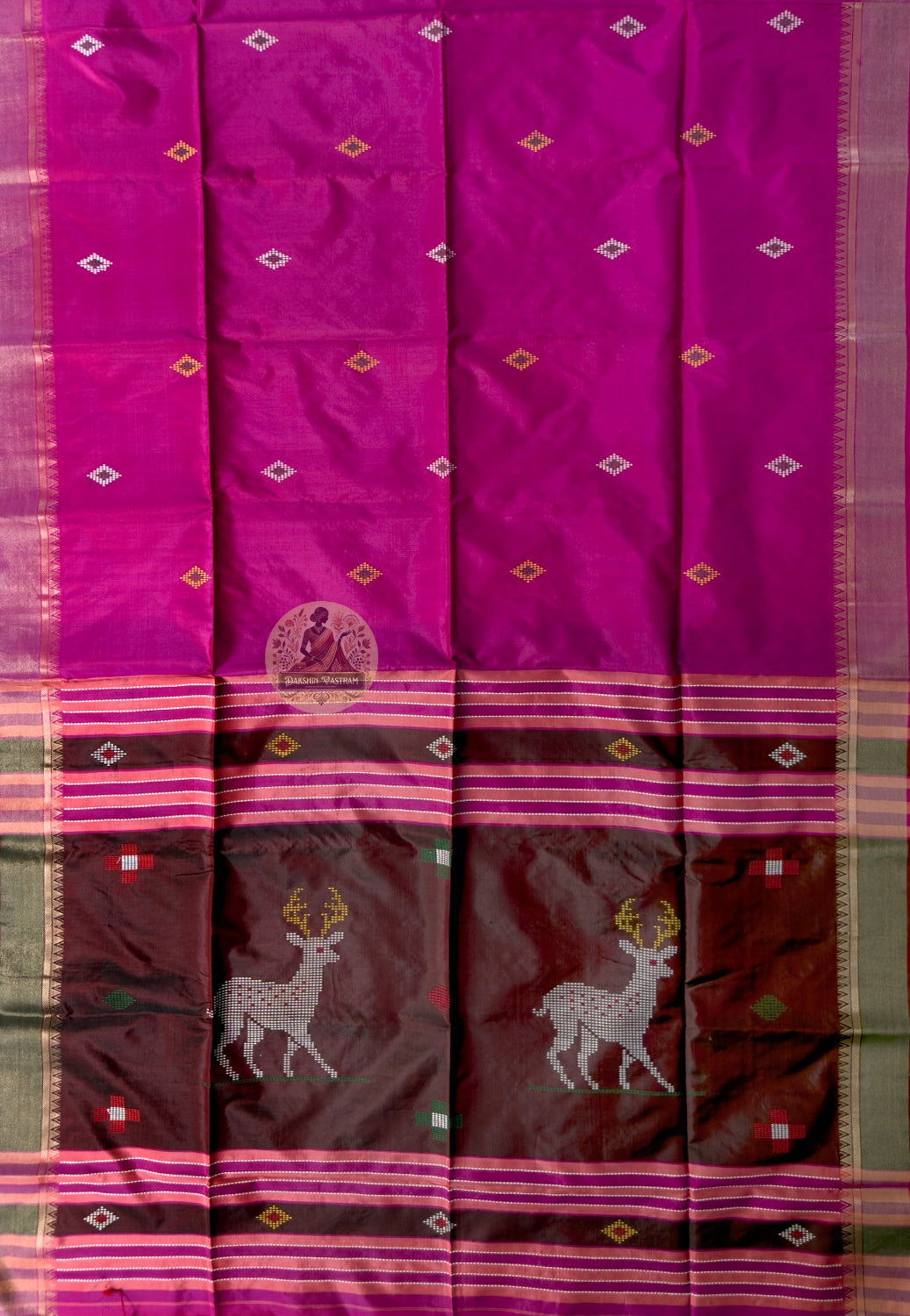 Rear view of Bishnupur Katan silk wedding saree showcasing fully expressed pallu with traditional Bengal motif and border work woven directly in pure structured Katan silk