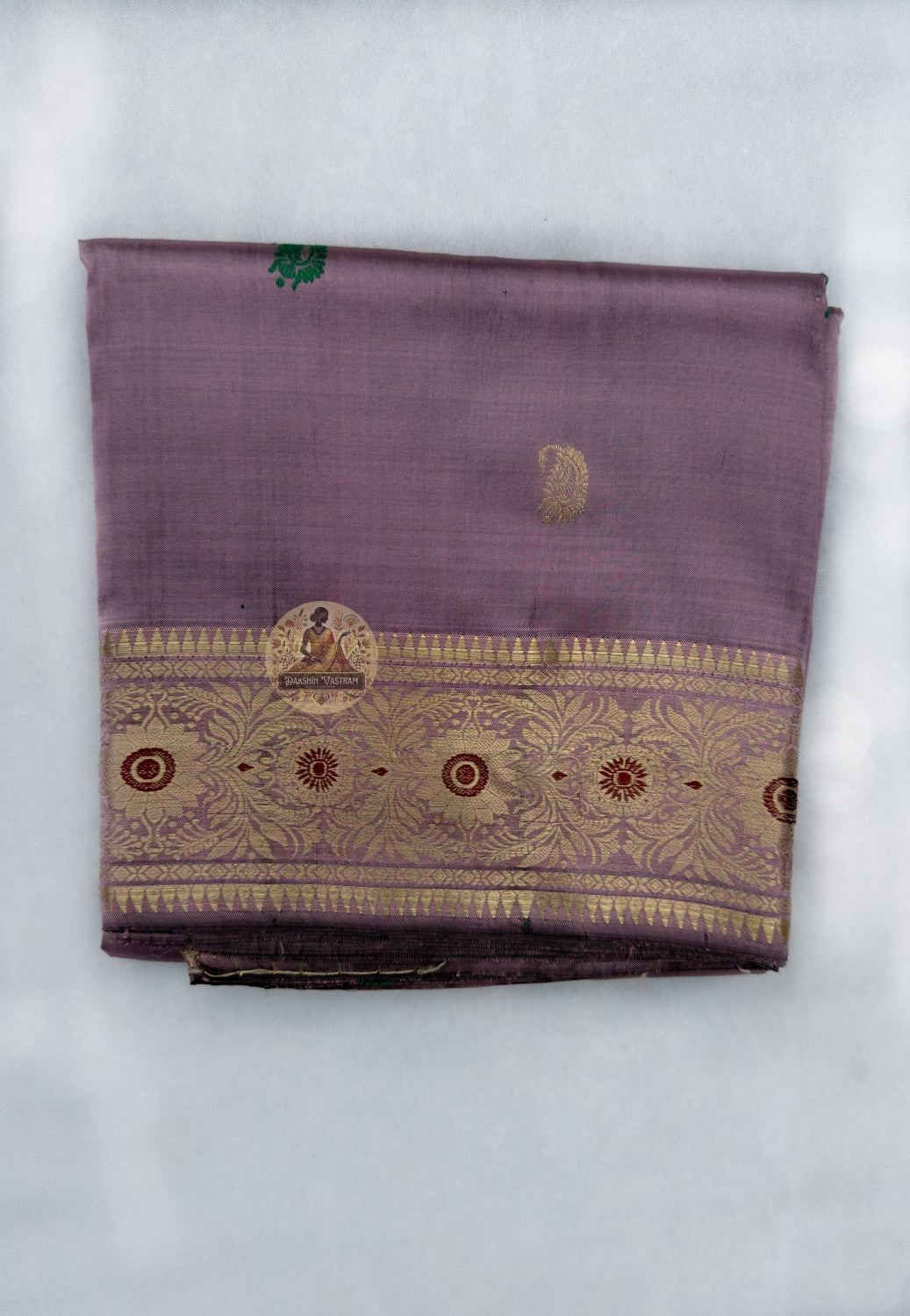  Full flat-lay of Swarnachari pure silk saree with golden zari declaration border, soul-stated pallu, identity buti field, and matching unstitched blouse piece, West Bengal handloom