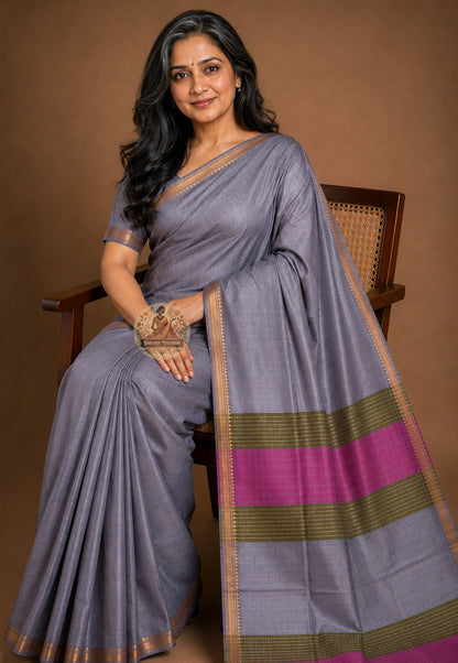 Front view of Bishnupur Katan Silk Saree with handwoven interlocking arch and trailing jasmine vine motifs, West Bengal