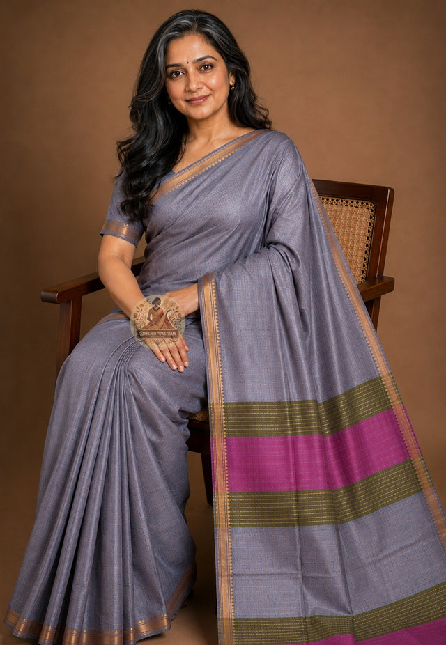 Front view of Bishnupur Katan Silk Saree with handwoven interlocking arch and trailing jasmine vine motifs, West Bengal