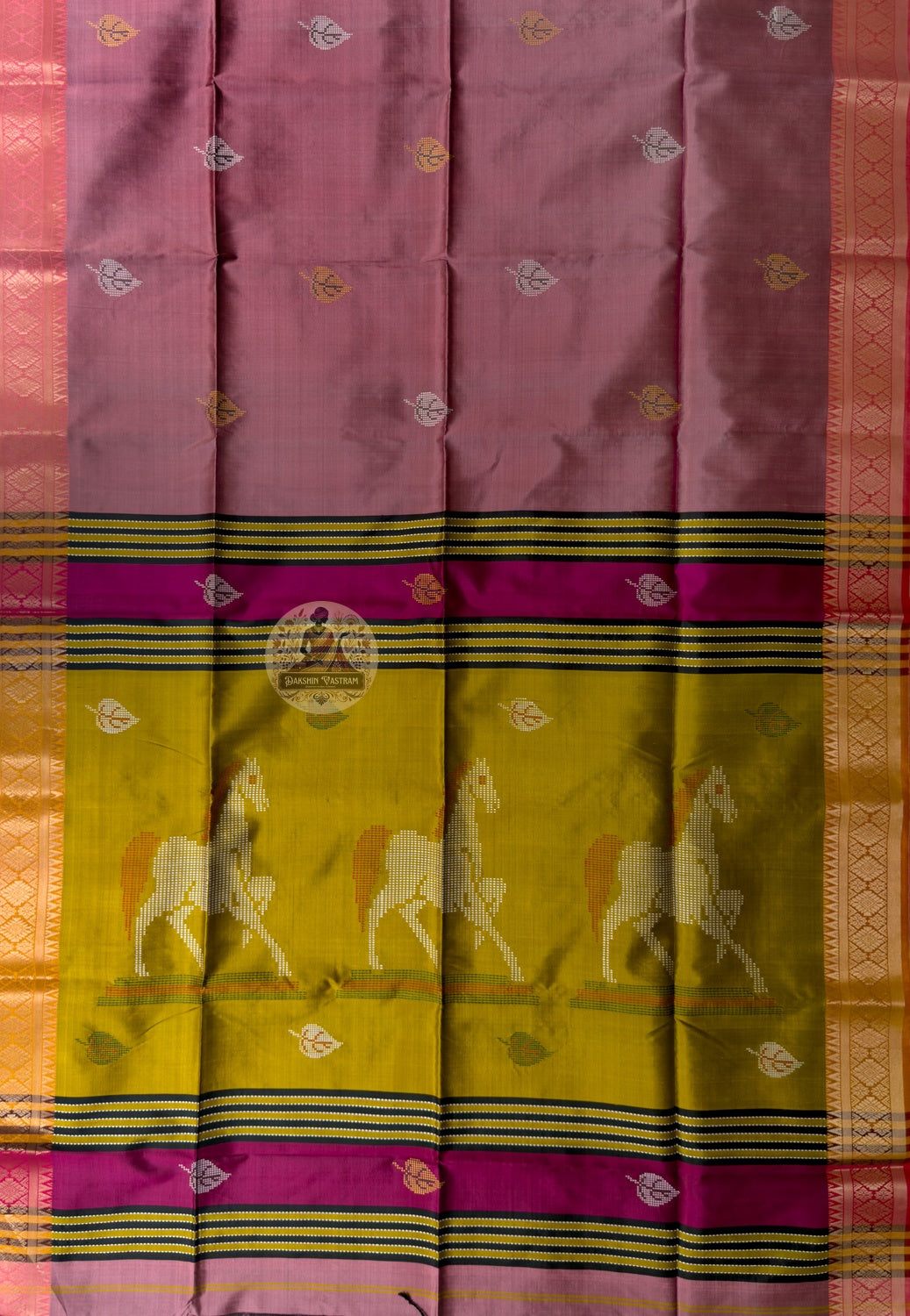 Close-up of master-woven Bengal terracotta horse frieze with zari floral vine detail on Bishnupur Katan Silk Saree
