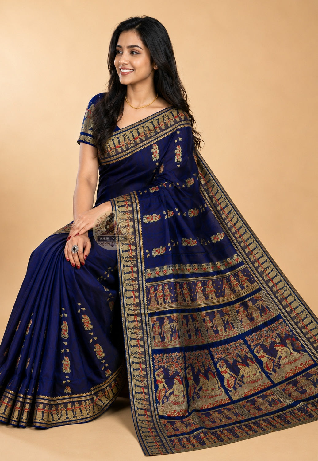 Side view of Baluchari Pure Silk Saree showing the graceful luminous fall of handwoven pure silk with traditional Baluchari buti motifs repeating across the body with the quiet confidence of a three-hundred-year tradition