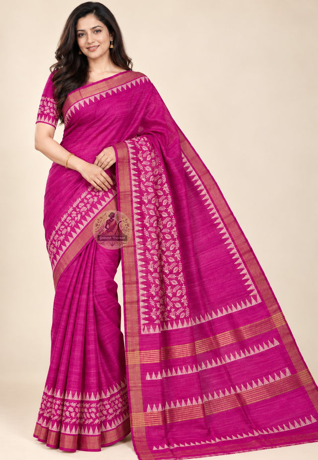 Front view of Ghicha Tussar pure silk connoisseur festive saree with natural slub texture and earthy matte lustre, handloom woven in West Bengal for Diwali occasions