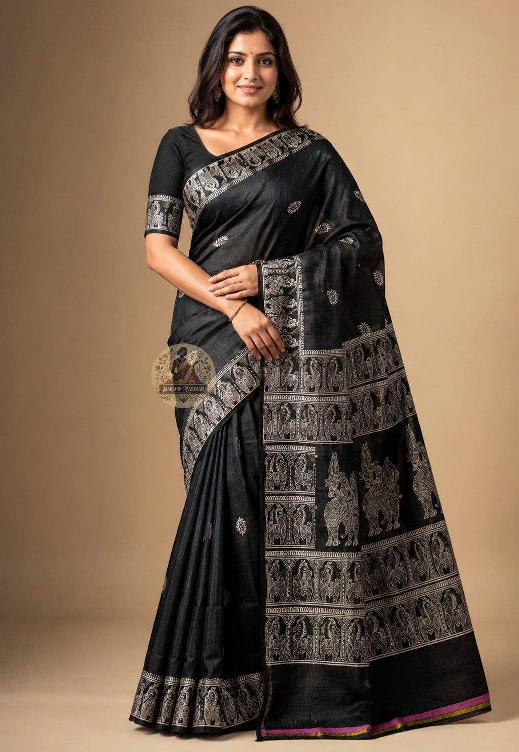 Front view of woman wearing Bishnupur Katan Silk Saree with cotton blouse Navratri Onam daytime occasion
