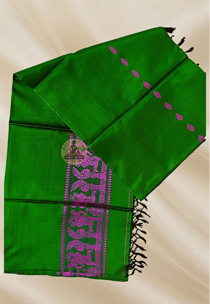 Close-up of Bishnupur Baluchari silk wedding accent stole weave showing mythological narrative figures and geometric border woven in fine pure silk thread