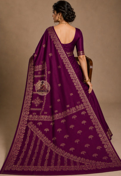 Rear view of Bishnupur handwoven Katan silk saree with blooming pallu motifs, Bankura Bengal weaving tradition