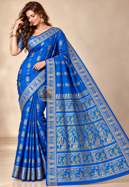 Front view of blue Swarnachari saree with pale figurative motifs and patterned borders