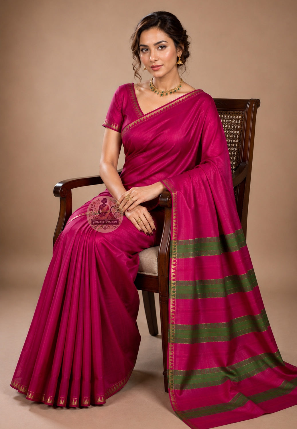 Side view of Bishnupur Pure Katan Silk Saree showing the composed authoritative fall of pure Katan silk handwoven by artisan weavers in Bishnupur Bengal for weddings and cultural celebrations across UK, USA, EU and India