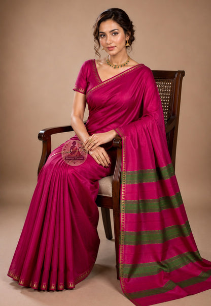 Side view of Bishnupur Pure Katan Silk Saree showing the composed authoritative fall of pure Katan silk handwoven by artisan weavers in Bishnupur Bengal for weddings and cultural celebrations across UK, USA, EU and India