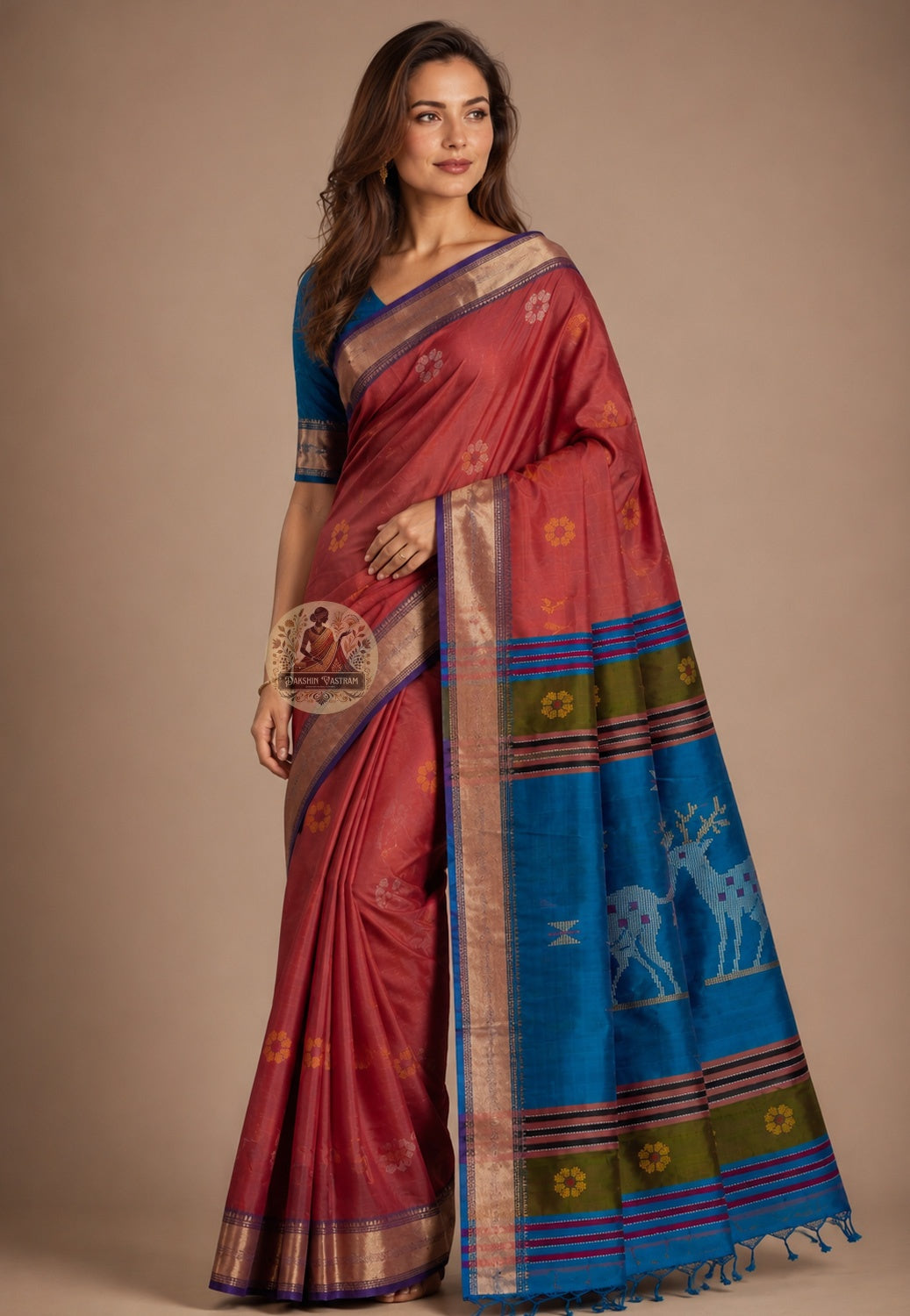 Front view of woman wearing Bishnupur Katan Silk Saree with antique gold jewellery bridal trousseau wedding reception