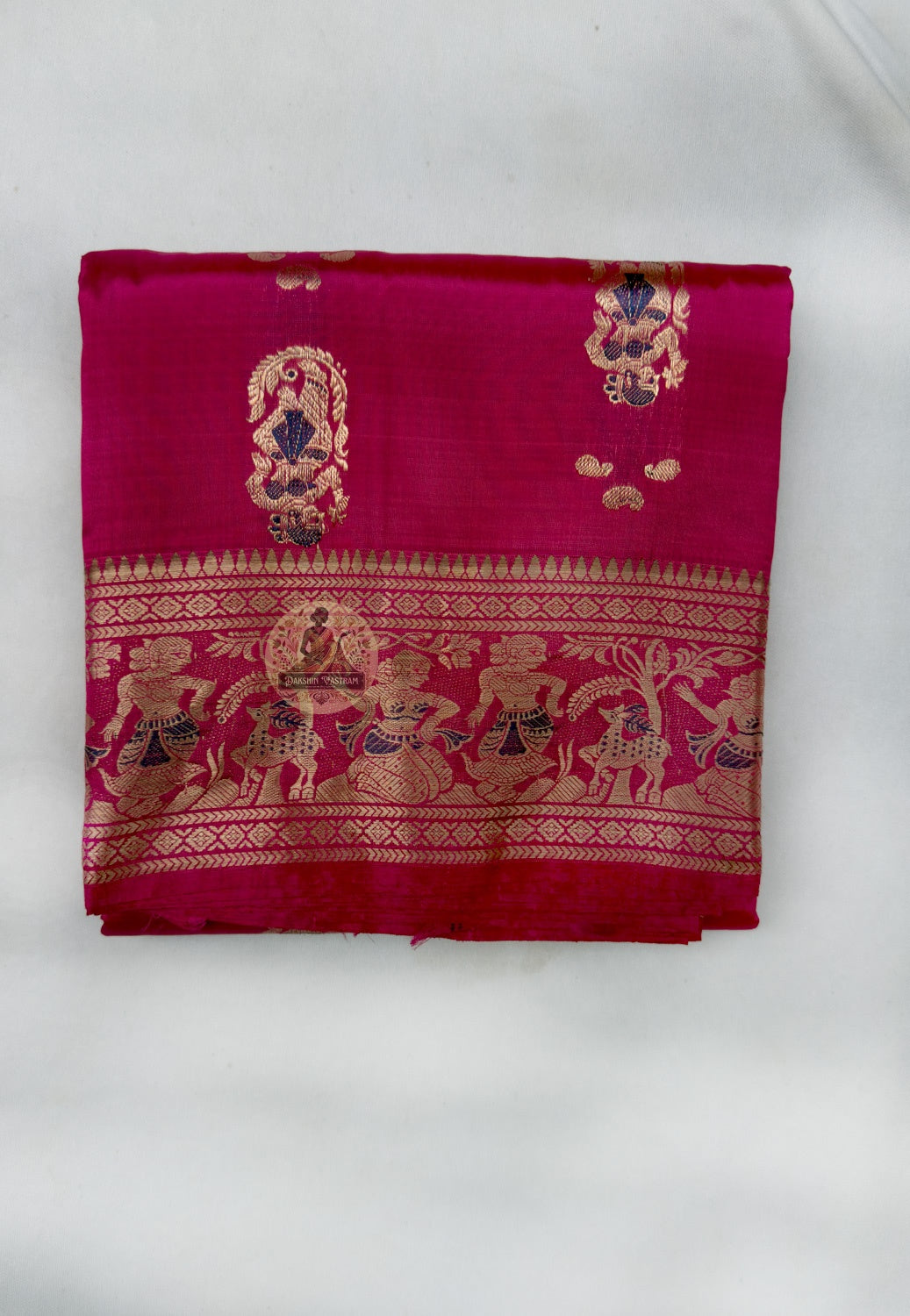 Full flat-lay of Swarnachari Pure Katan Silk Saree with matching blouse piece golden zari Lakshmi Diwali Bengal handloom