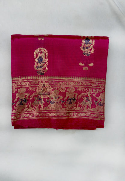 Full flat-lay of Swarnachari Pure Katan Silk Saree with matching blouse piece golden zari Lakshmi Diwali Bengal handloom