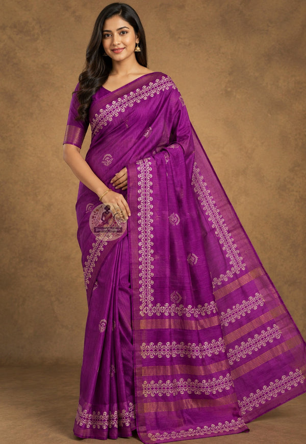 Front view of Ghicha Tussar Silk Saree in golden amber natural tone, handwoven wild forest silk draped on model, perfect for Kojagari Lakshmi Puja in Kolkata and Diwali celebrations in Indore