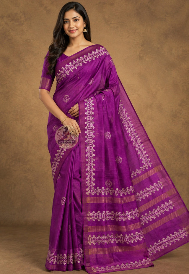 Front view of Ghicha Tussar Silk Saree in golden amber natural tone, handwoven wild forest silk draped on model, perfect for Kojagari Lakshmi Puja in Kolkata and Diwali celebrations in Indore