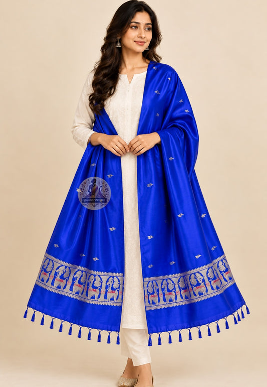 Front view of Bishnupur Baluchari pure silk stole with mythological narrative motifs, handwoven cultural wear for Indian diaspora in UK and USA