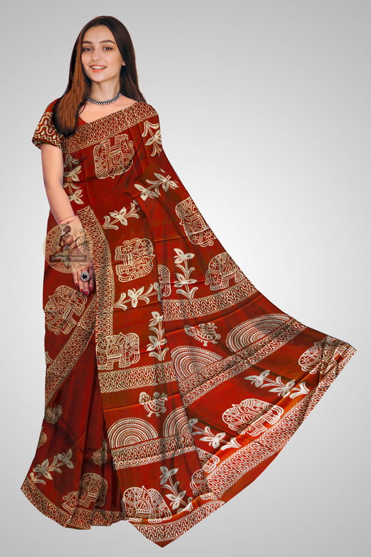 Buy Bishnupuri Katan Silk Block Print Saree online – Elegant silk drape front view