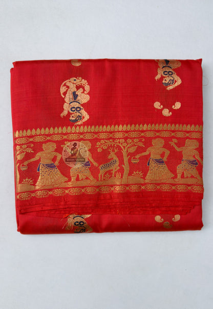 Close-up of Swarnachari handloom silk saree body showing warm silk texture with rhythmically spaced golden zari butis (small woven motifs), Bengal weave