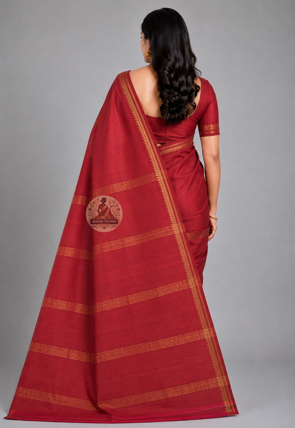 Rear view of Bishnupur Pure Katan Silk saree with heritage motifs and pallu draped over the shoulder