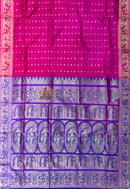 Close-up of Swarnachari silk saree pallu with hand-woven golden zari gods and temple motifs, Bengal weaving tradition