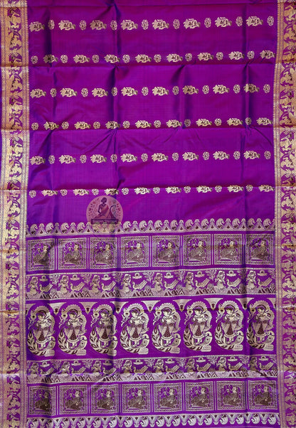 Close-up of blouse piece of Baluchari Silk Saree featuring hand-woven traditional border patterns in fine pure Bengal silk with terracotta temple-inspired detailing by Dakshin Vastram