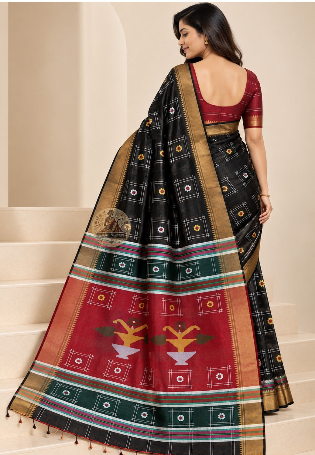 Side view of Bishnupur Katan silk festive handloom saree displaying weighted pure silk pleat structure and natural lustre for Navratri and Diwali