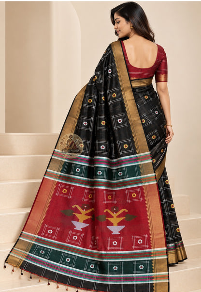 Side view of Bishnupur Katan silk festive handloom saree displaying weighted pure silk pleat structure and natural lustre for Navratri and Diwali