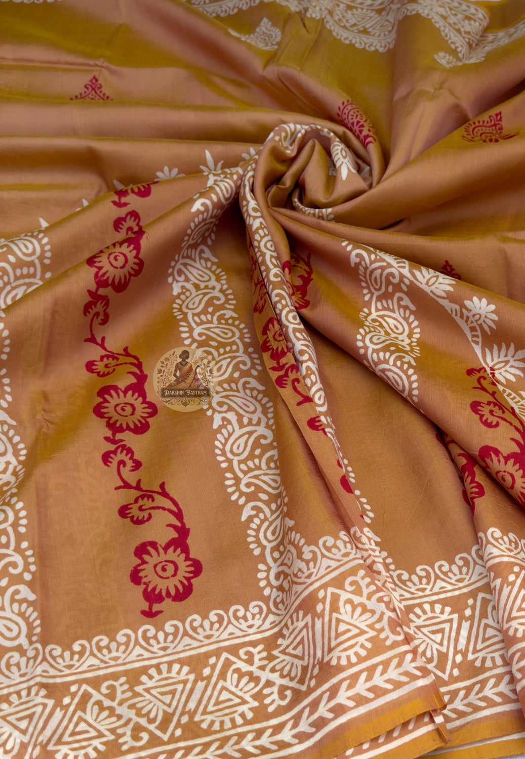 Close-up of Bishnupur silk saree handwoven motifs inspired by Bengal terracotta temple art and traditional geometry